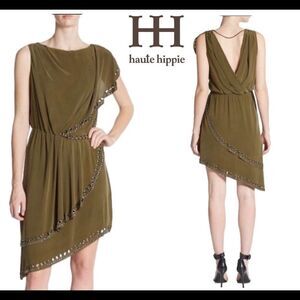 HAUTE Hippie army olive green grommet silk asymmetrical sleeveless mini dress XS